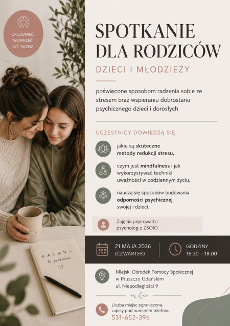 Informacja o spotkaniu dla rodziców na temat sposobów radzenia sobie ze stresem