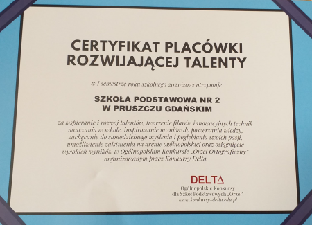 Certyfikat Placówki Rozwijającej Talenty 2021/2022