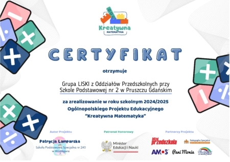 Ukończenie Ogólnopolskiego Projektu KREATYWNA MATEMATYKA w Oddziałach Przedszkolnych 